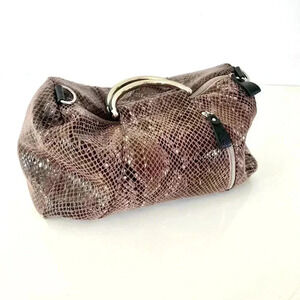 Bobby Schandra Light Brown Patent Leather Snake Skin Print Satchel Bag